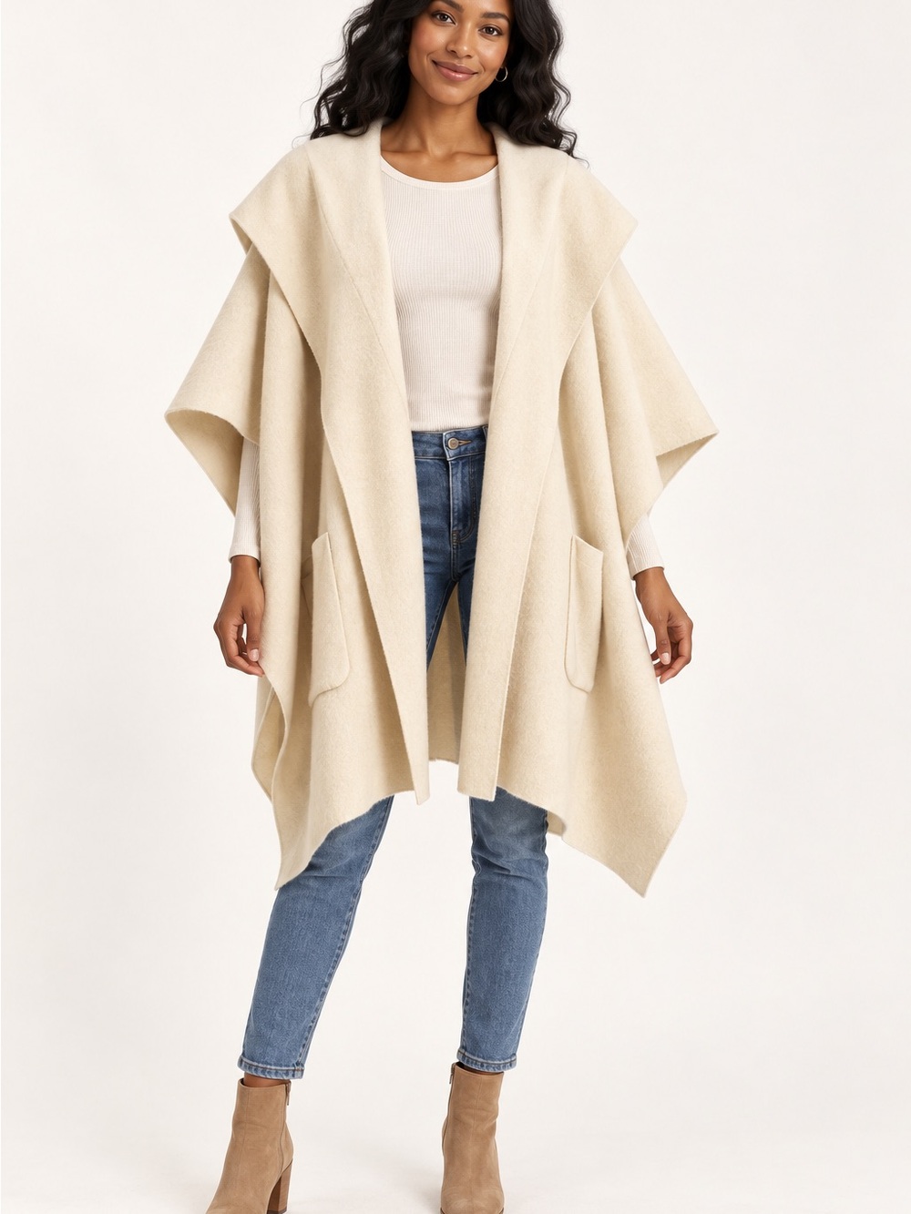Free People Ivory Hooded Draped Poncho Oversized Open Front Boho Draped